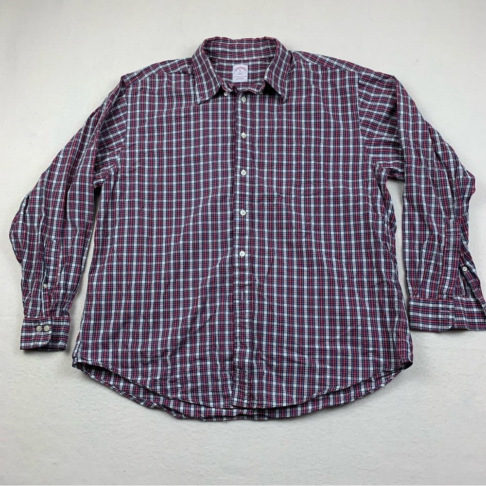 Brooks Brothers Shirt Mens XL Red Grey Tartan Plaid Long Sleeve Cotton Casual